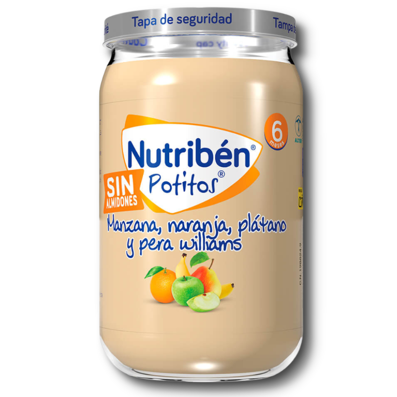 Nutribén potito manzana, naranja plátano y pera 235 gr sin almidones