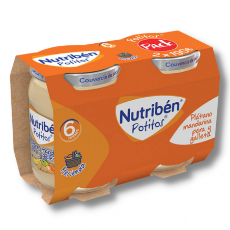 Nutribén 2 potitos plátano, mandarina, pera y galleta 2 uds x 190gr