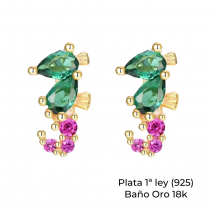 Pendientes plata baño oro 18k circonitas verdes y lilas 1 par